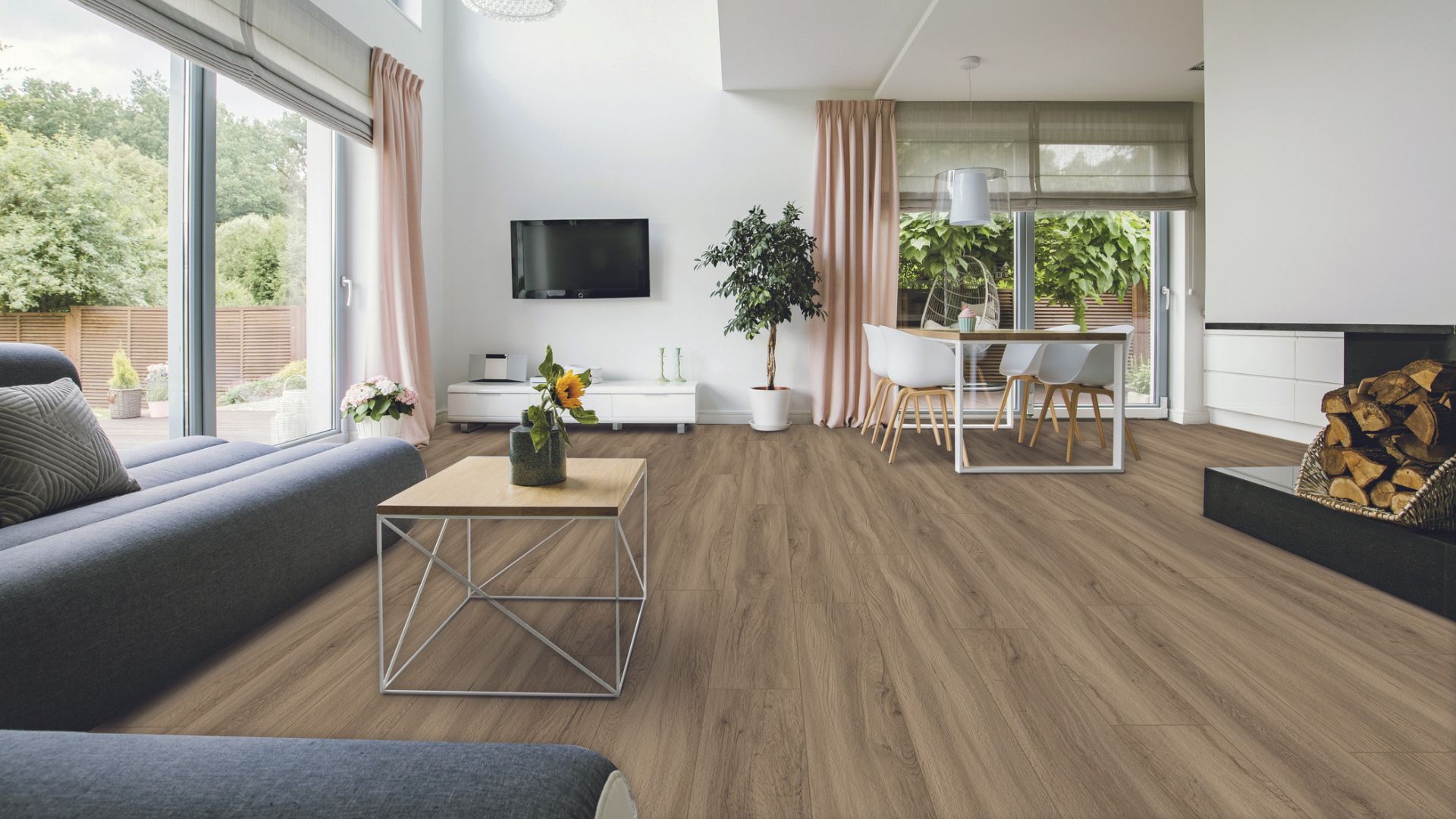 Luxury vinyl plank flooring in a modern living room.